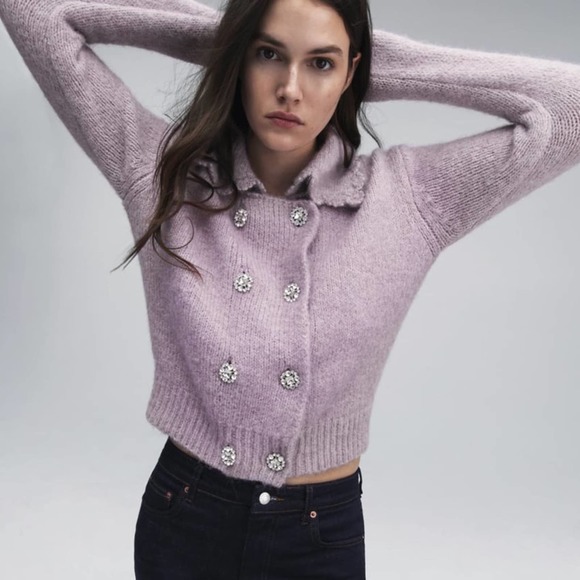 Zara Sweaters - Zara Knit Sweater Lapel Collar Rhinestone Buttons